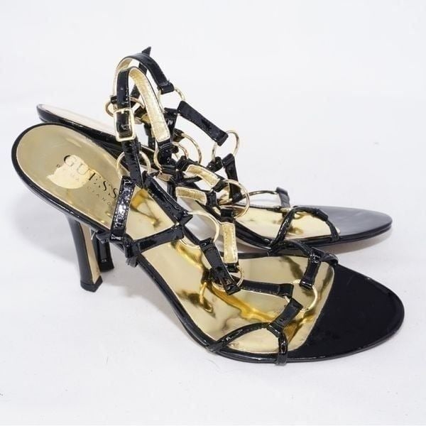 Guess by Marciano Black and Gold Strappy Heels, Size 7