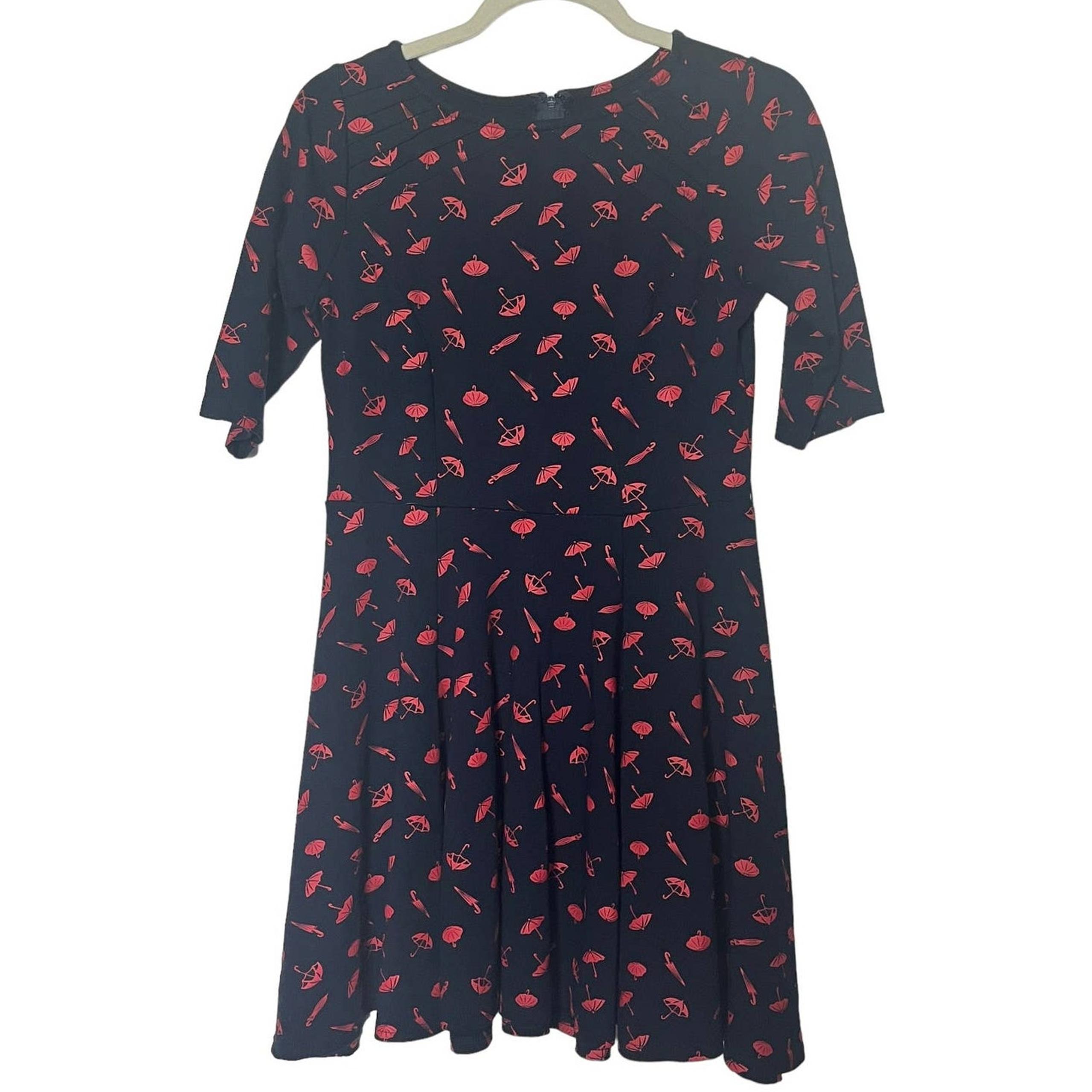 Unique Vintage Umbrella Print Fit & Flare Dress Womens Large Navy Red 3/4 Sleeve