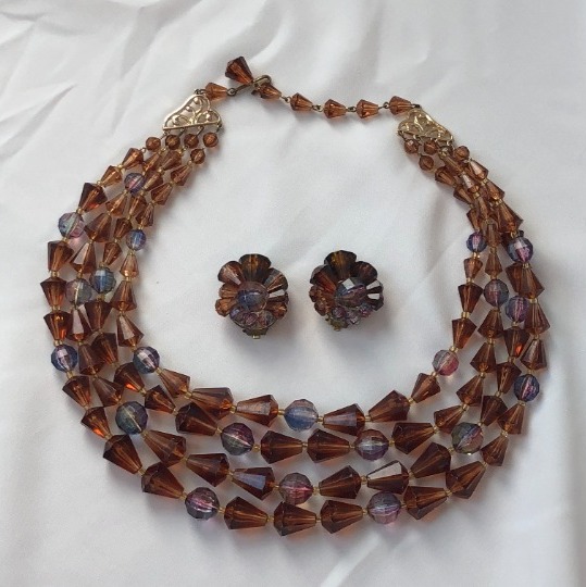 Stunning Vintage Germany Set Clip On Earrings & Multi Strand Beaded Necklace