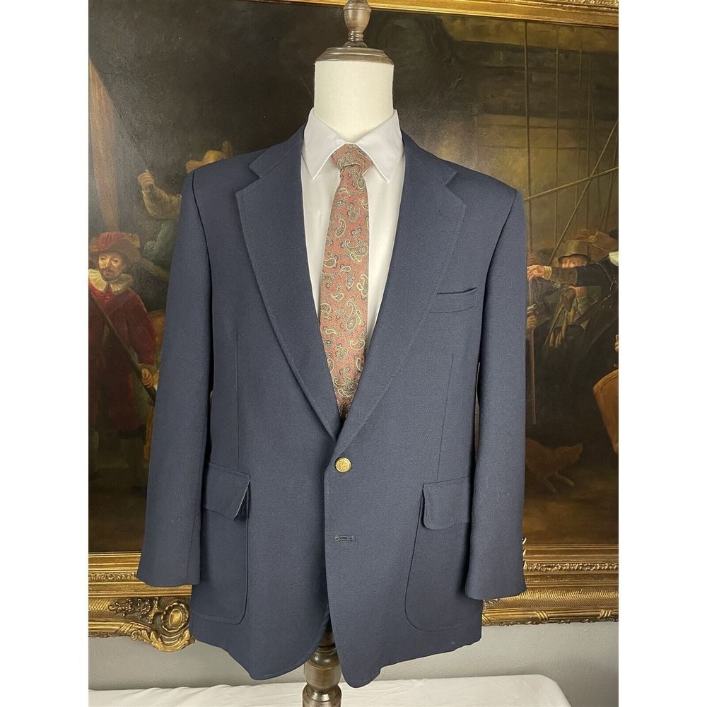 VTG Stafford 44R Navy Wool Blend Hopsack Gold 2Btn Blazer Sport Coat Jacket