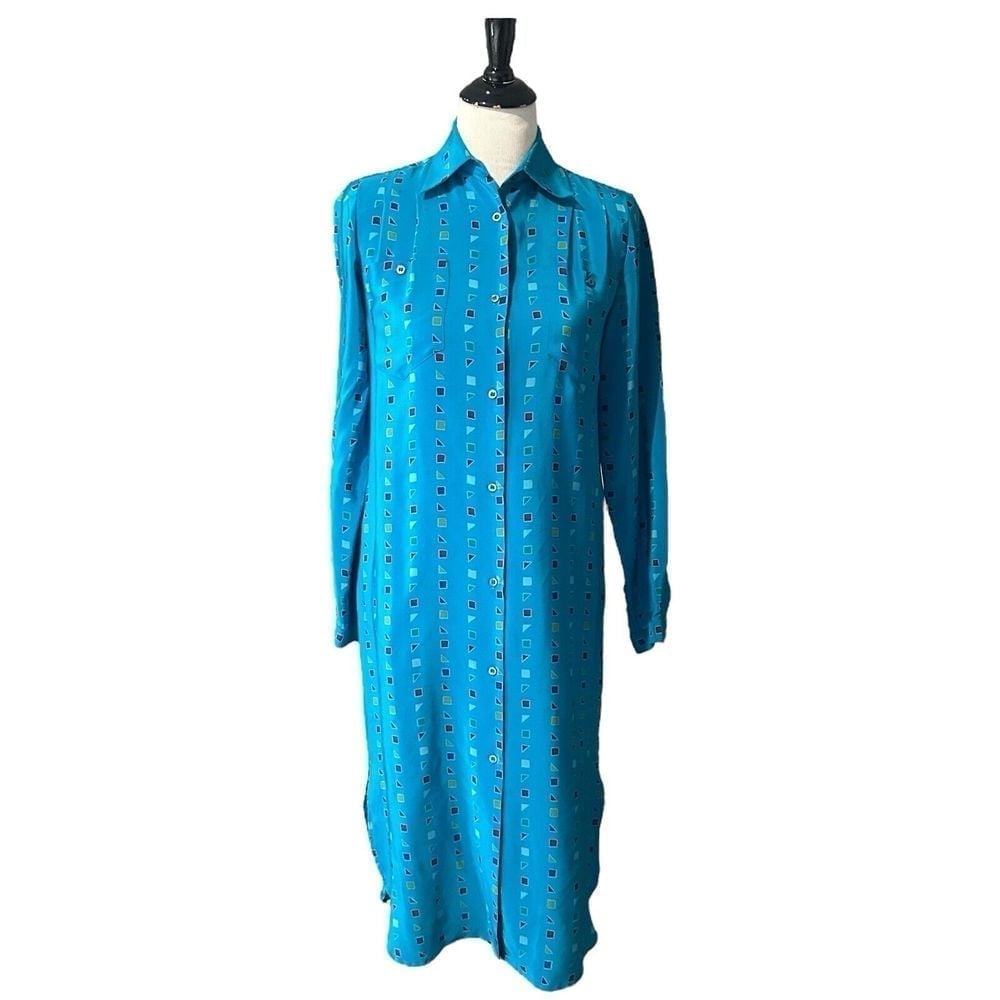 Vintage 80s Retro Geometric Print Silk Midi Shirt Dress Silk Studio Women Size 4
