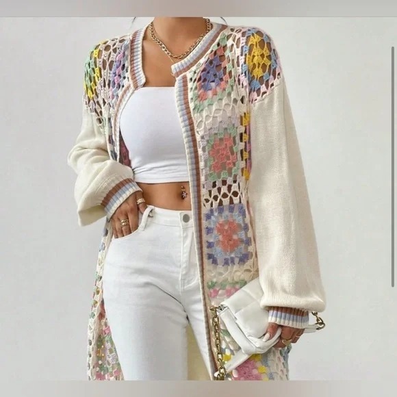 Apricot Casual Womens Geo Pattern Drop Shoulder Open Front Cardigan XS