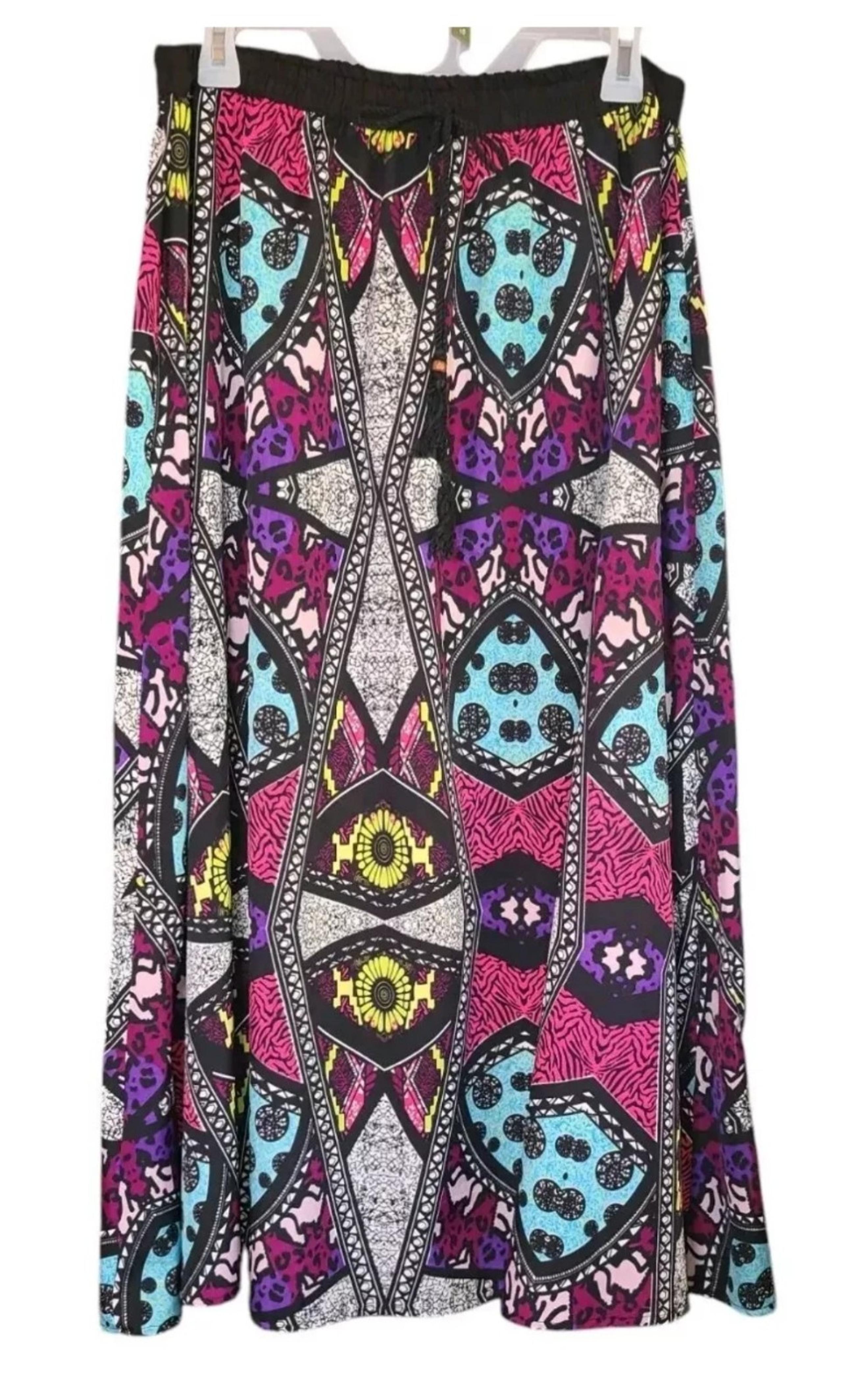 Vintage Bobbie Brooks Stained Glass Print A-Line Maxi Skirt LG Geometric Vibrant