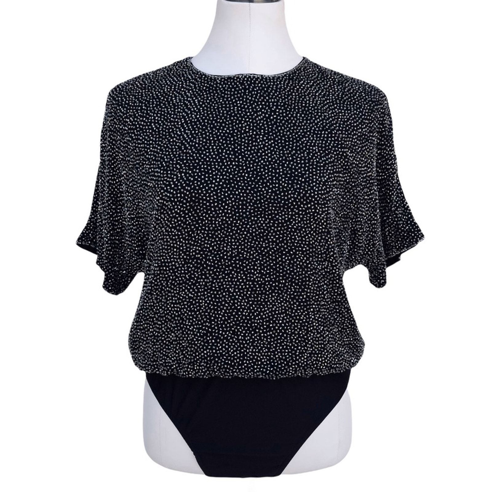 Vintage Oleg Cassini Black Tie Beaded Bodysuit size Large