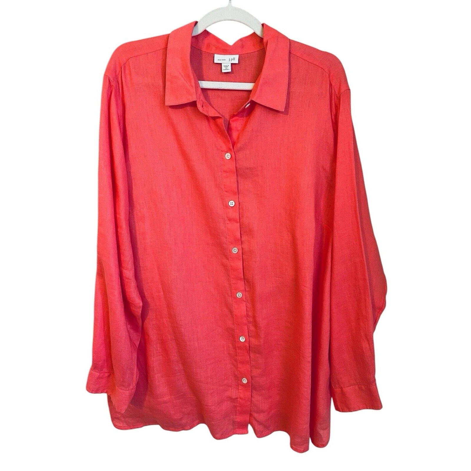 J.Jill Womens Size 2X 100% Linen Coral Long-Sleeve Button Up Shirt