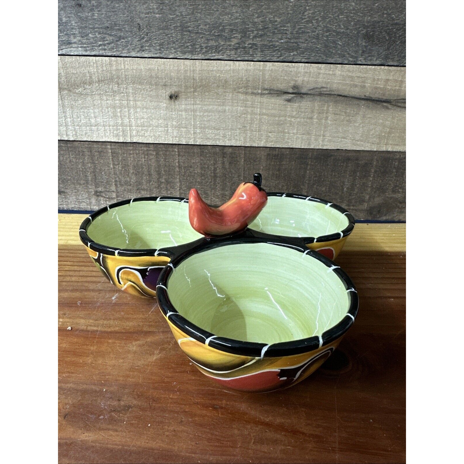 Clay Art Condiment Bowls 3 Section Jalapeño Handle Salsa Chili Pepper