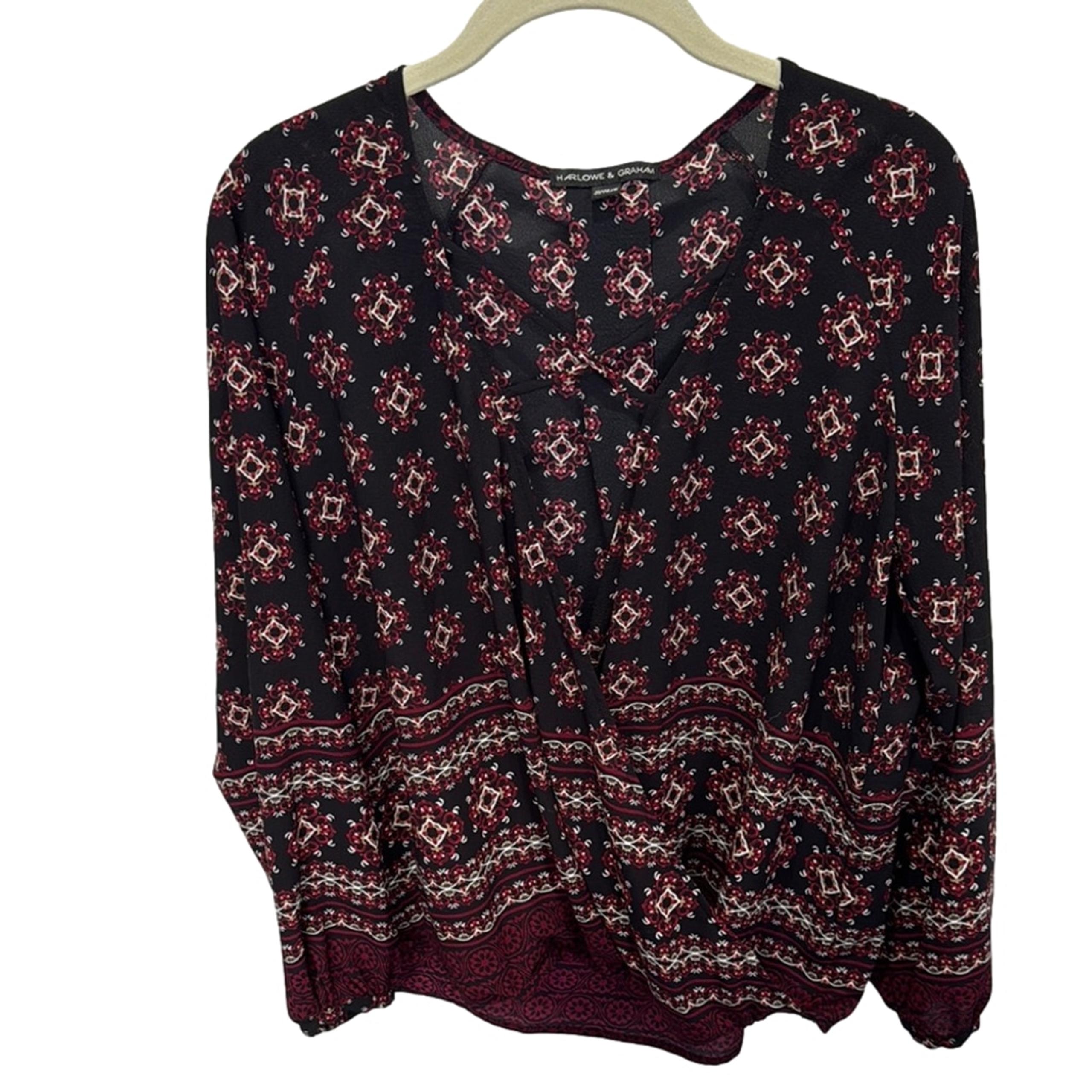 Harlowe & Graham Black Red Boho Print Long Sleeve Faux Wrap Blouse Women's M