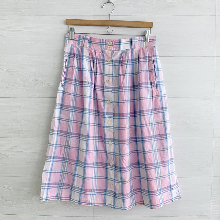 LL Bean - Pastel plaid button front pleated cotton midi skirt, 16 Reg