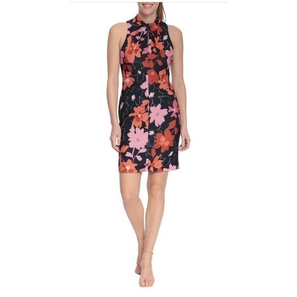 London Times Womens Black Pink Floral Sleeveless Sheath Midi Dress Sz 8 NWT
