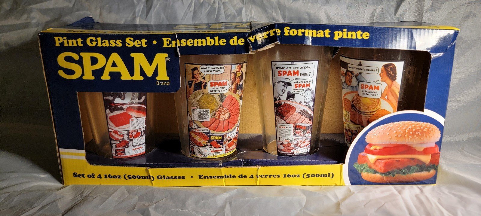 Rare Spam Pint Glass Set. New In package (worn from storage). 4-16oz. 2012
