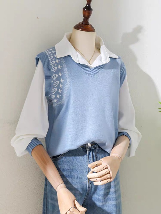 Fake two long sleeved fall shirts commute color Polo collar tops