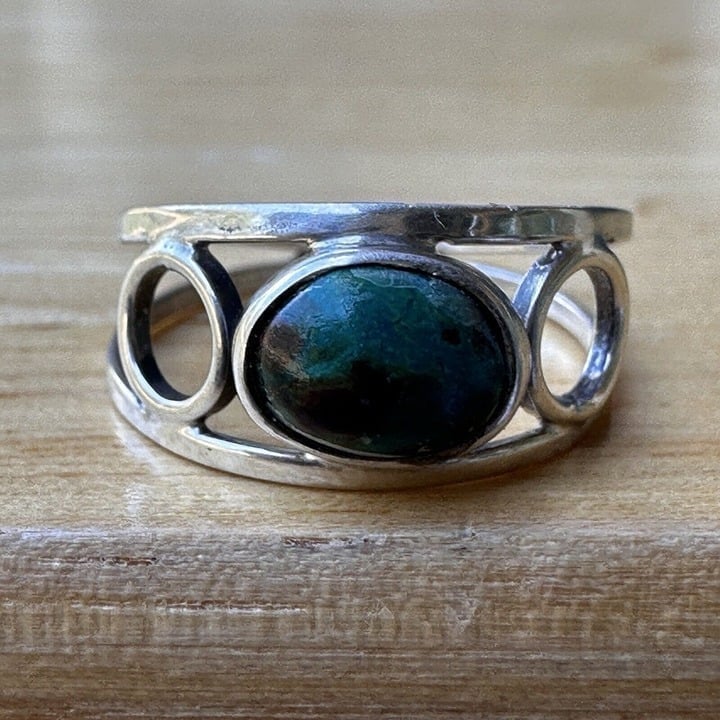 VTG Green Chrysocolla Stone Stamped 925 Sterling Silver Ring Sz 6.25 Signed 1.6g