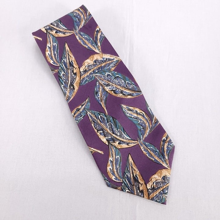 Christian Dior 100% Silk Neck Tie Retro Art Deco Leafs Purple Made In Italy