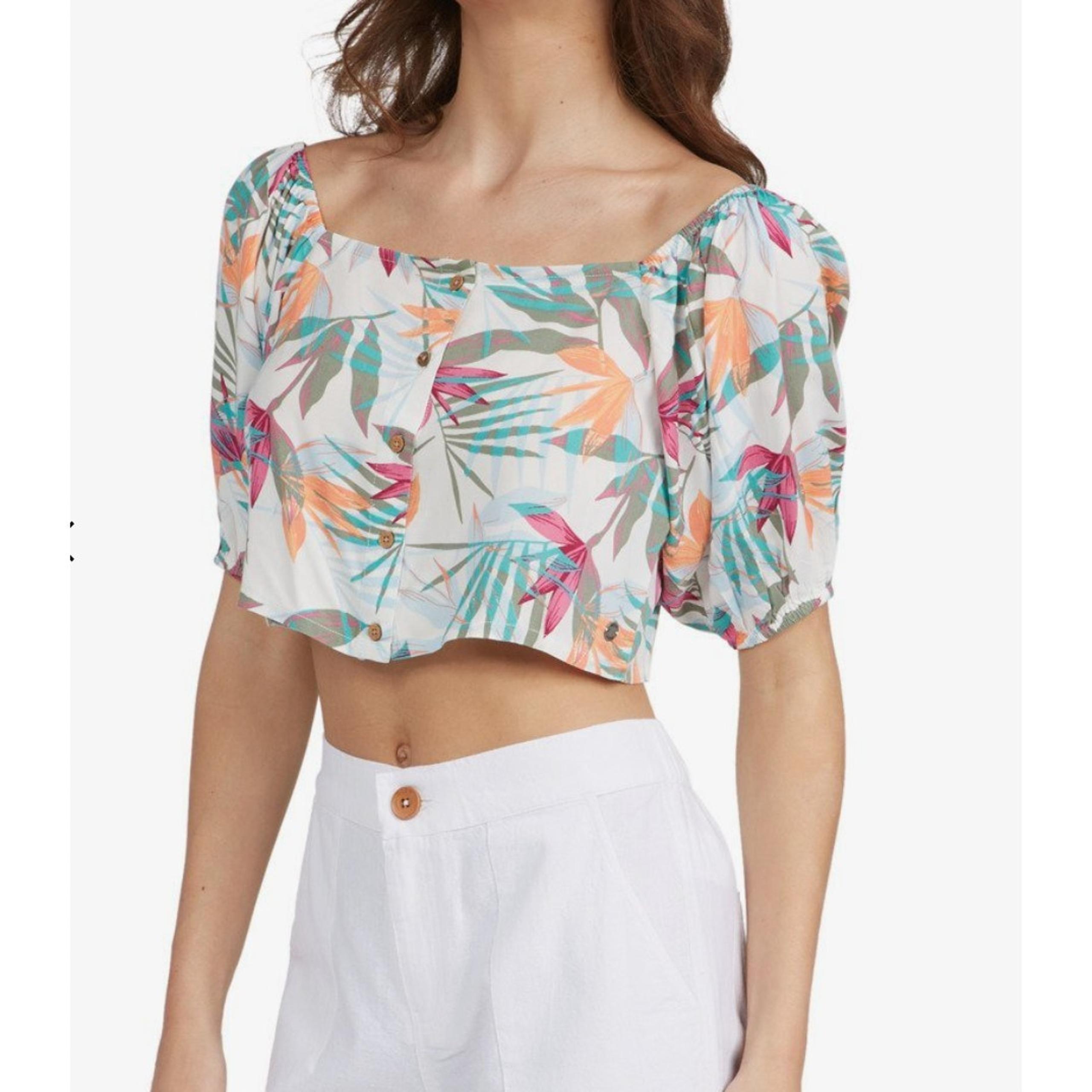 Roxy Pure Sugar Puff Sleeve Crop Top Shirt Size Large Tropical Floral Print
