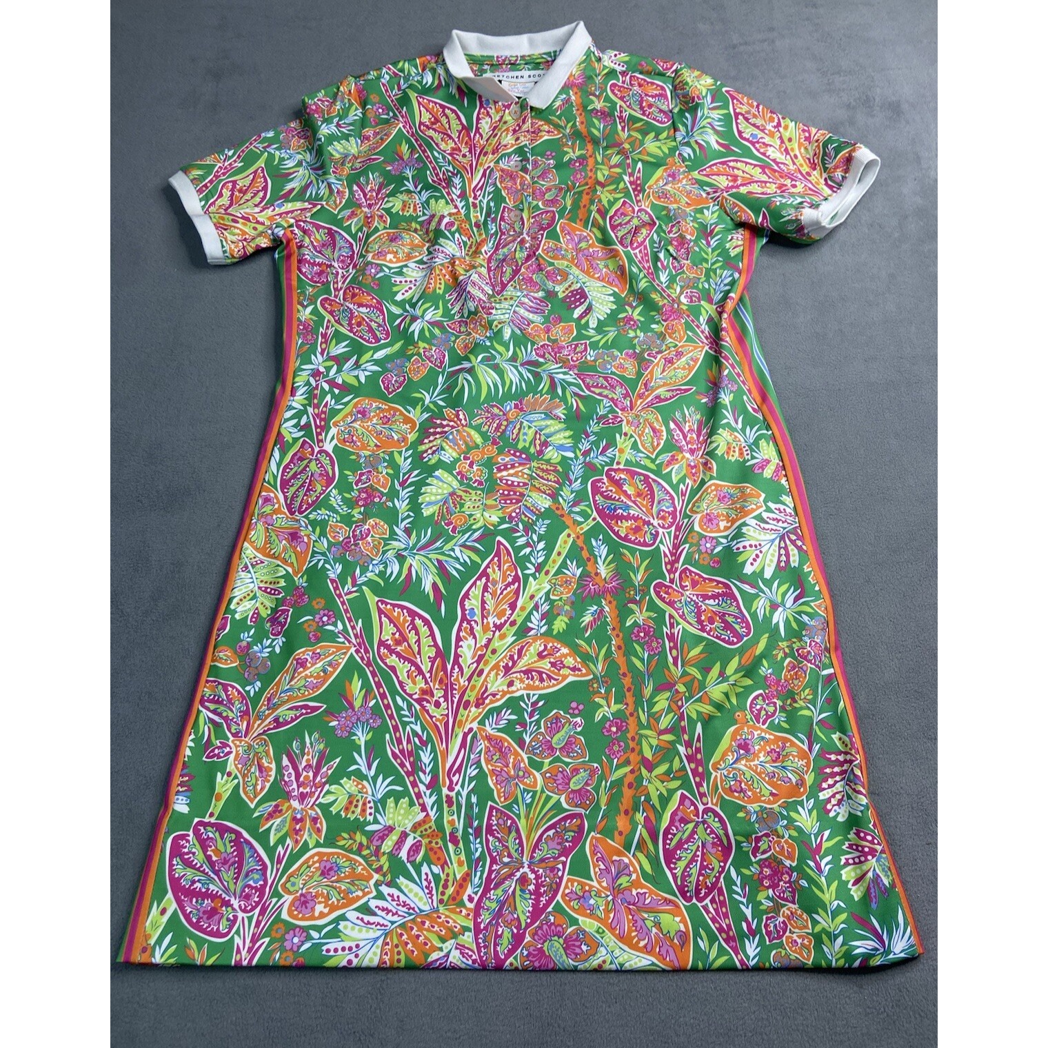 Gretchen Scott Dress Large Green Pink Vintage Vines Tropical Stretch Jersey Prep