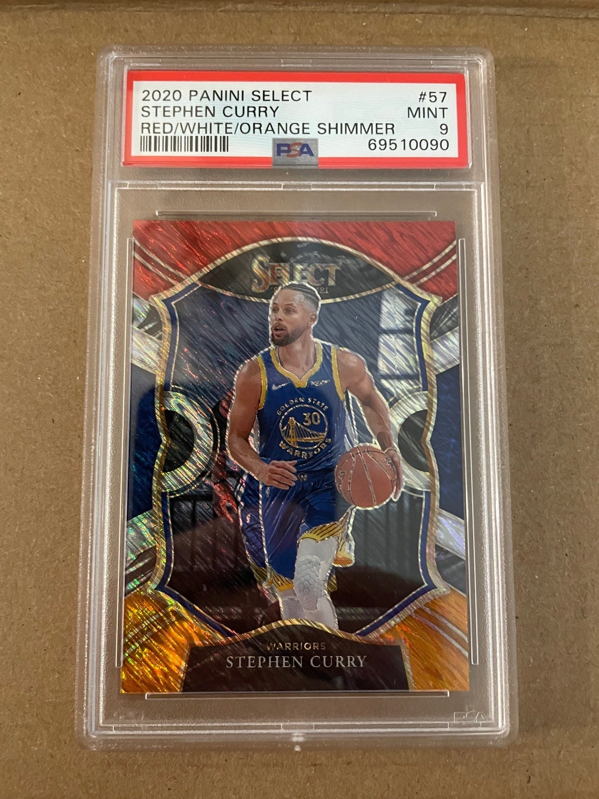 Stephen Curry #57 2020 Panini Select Red/White/Orange Shimmer PSA9