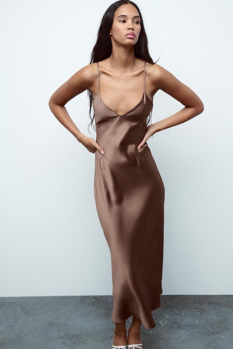 Zara dress midi maxi satin wedding chocolate brown party cocktail