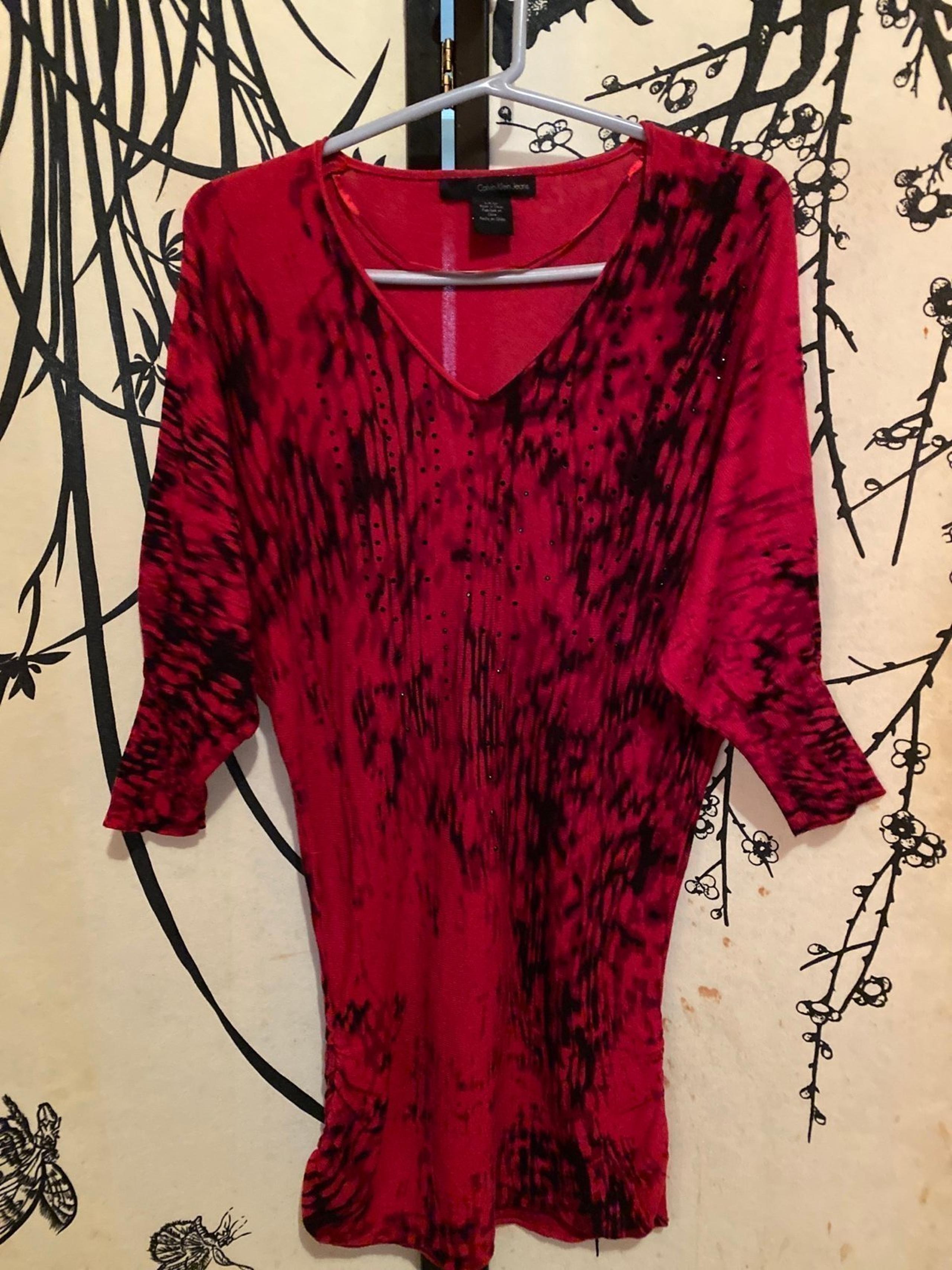 Calvin Klein Women’s  Chili Pepper Red Black Sweater Tunic W/Black Rhinestones
