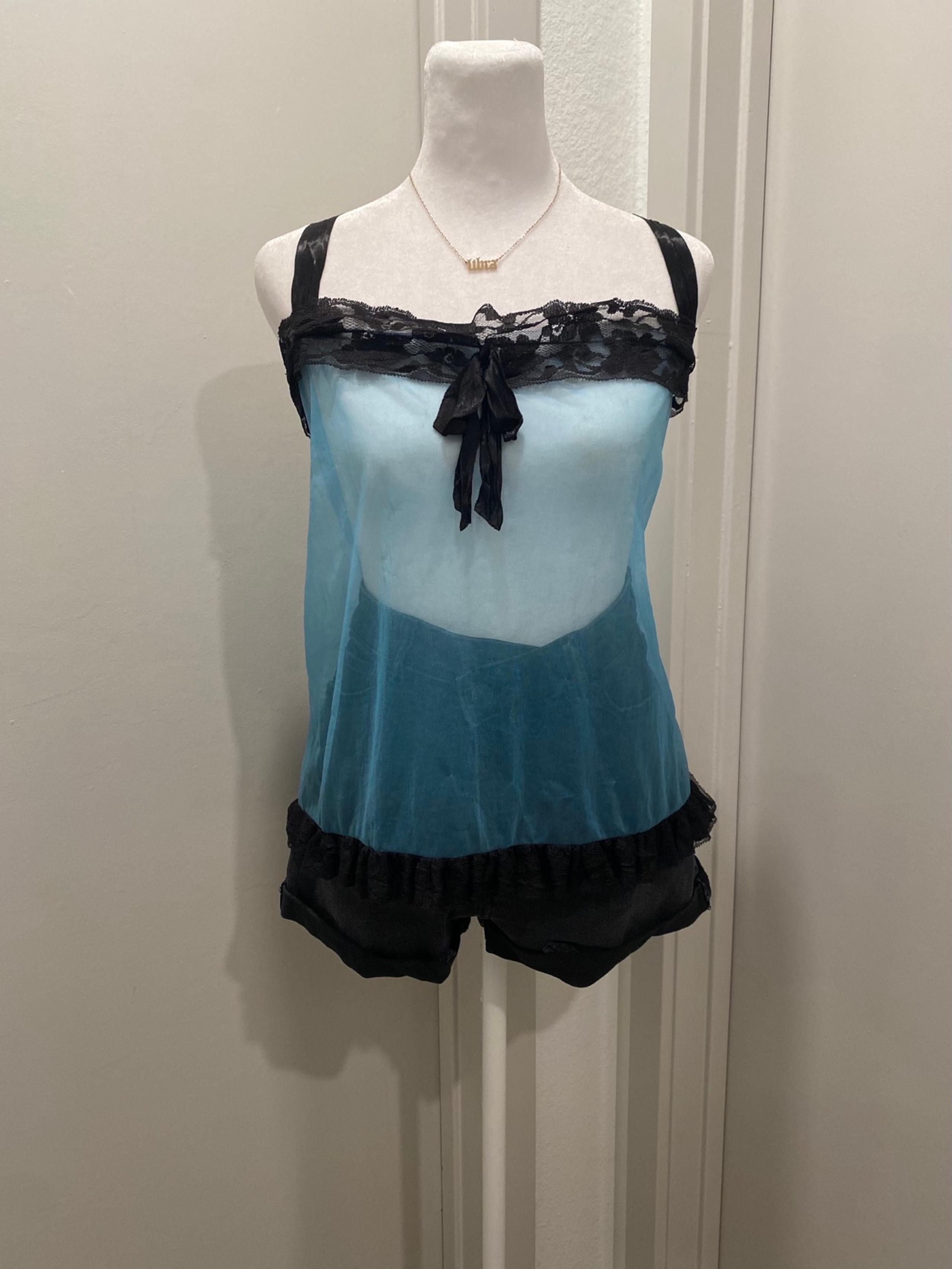 VTG 80s 90s Teal Blue & Black Lace Trim Coquettecore Babydoll Lingerie Tank Top