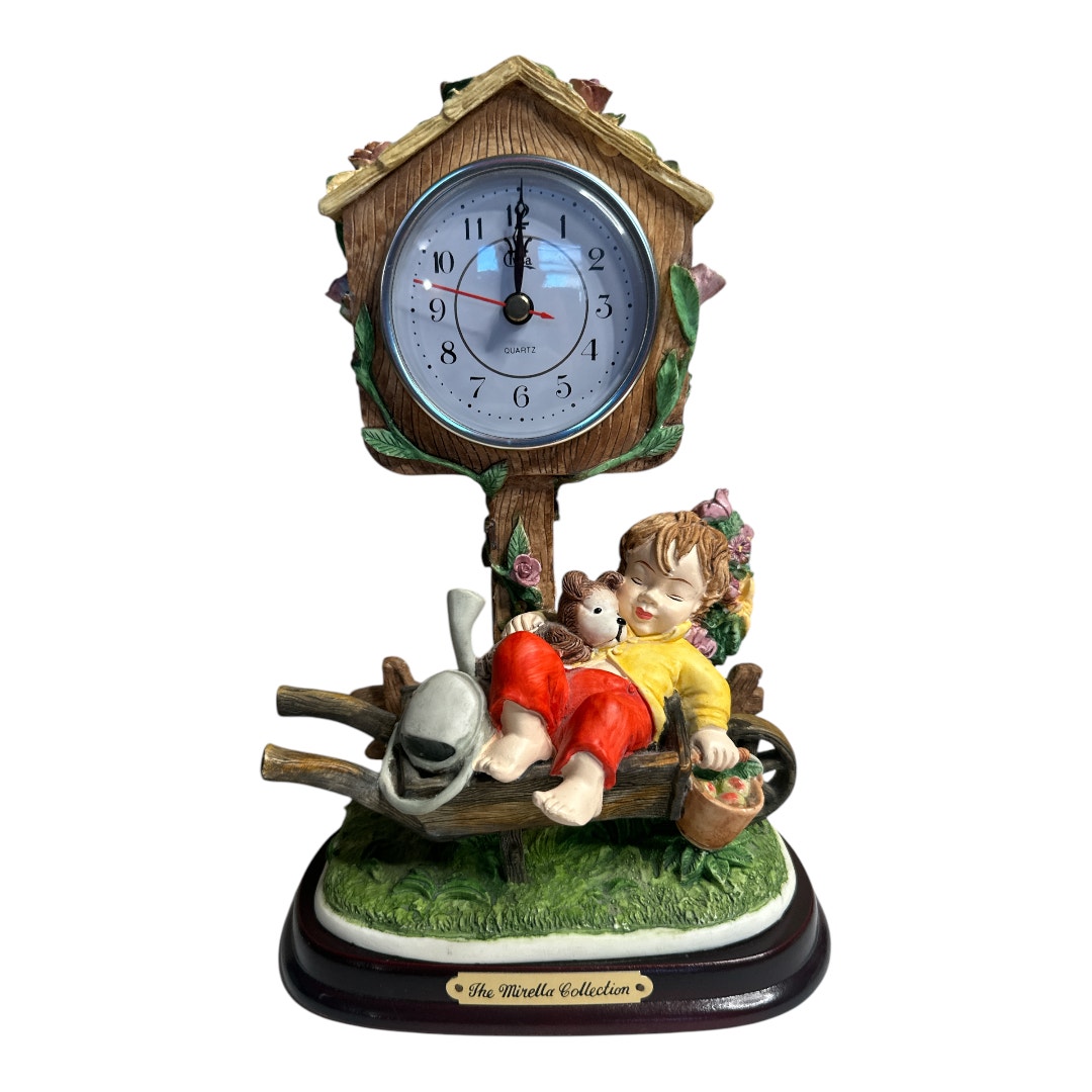 The Mirella Collection Whimsical Tabletop Clock Boy With Dog on The Wheelbarrow