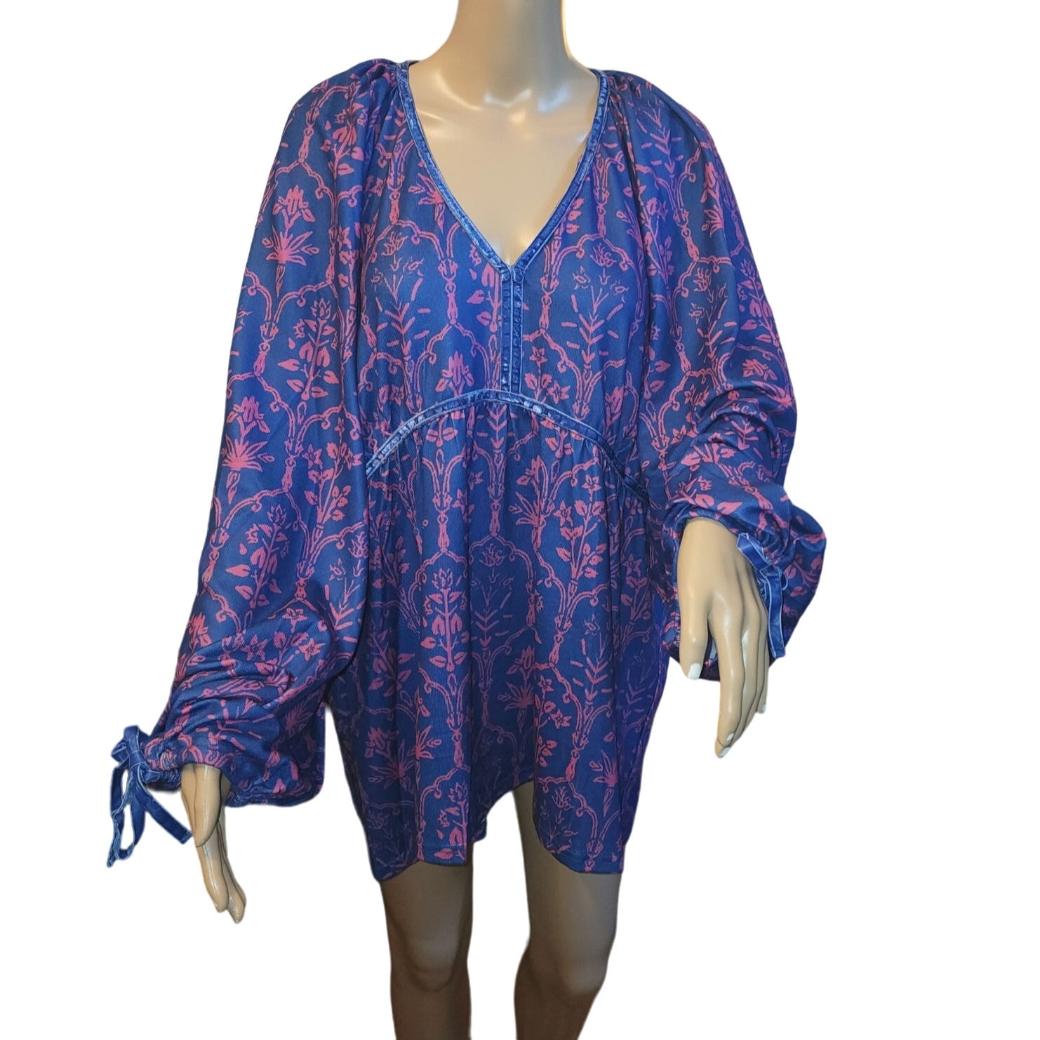 NWT 100 Suzanne Betro Sz 2X Blue Pink Boho Prairie Babydoll Top Tie Sleeve