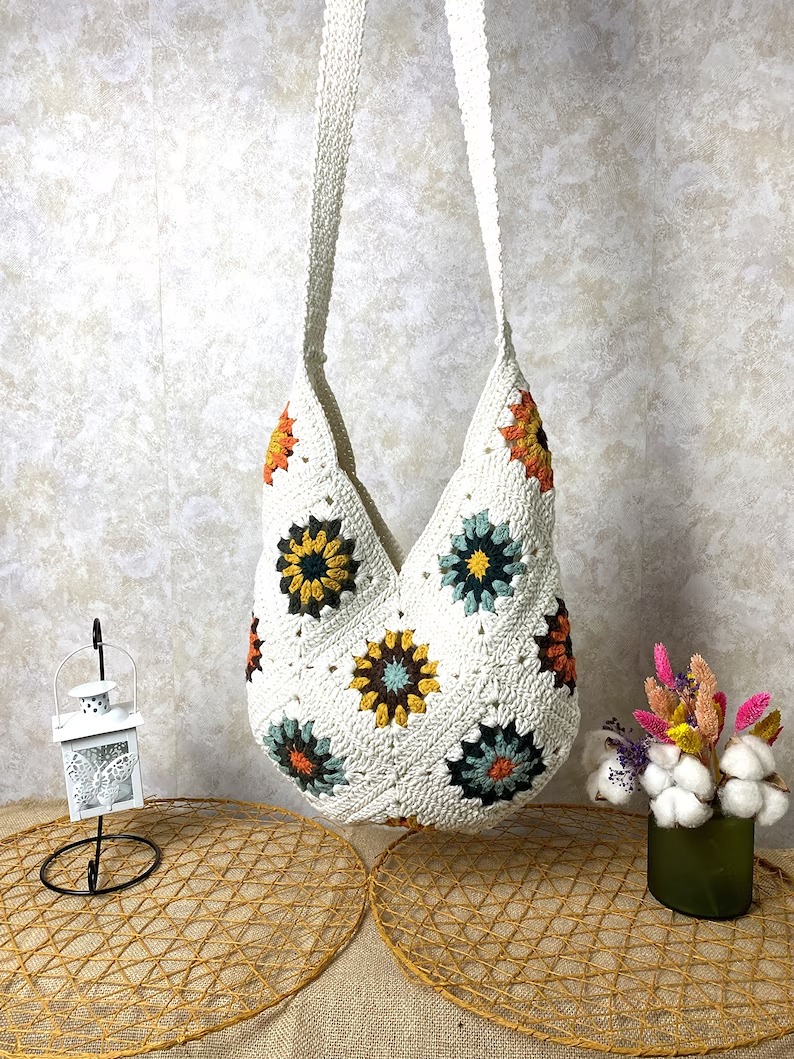 Crochet shoulder bag, Granny square bag, Bohemian style purse