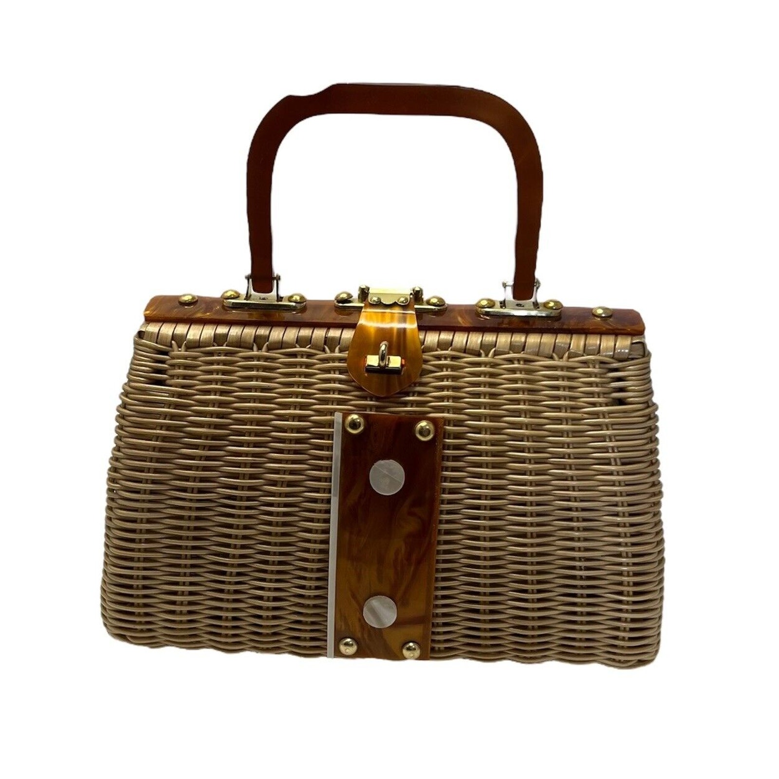 Vintage Wicker Handbag Basket Weave Lucite Handle MCM Hong Kong Art Deco Purse
