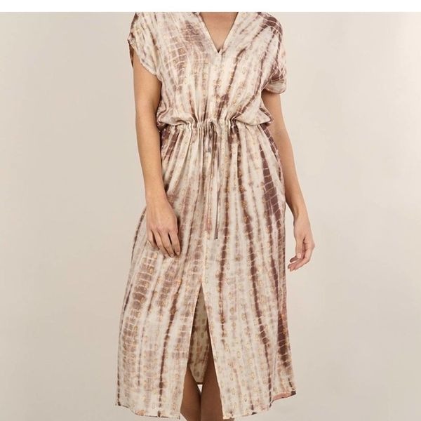 Lovestitch Tie Dye Metallic Midi Dress S Brown Beige Boho V-Neck Coastal Beach