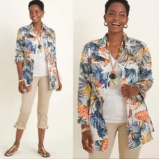 Chico’s Palm-Print Linen Utility Jacket Pockets Tropical Hawaiian Summer Size SP