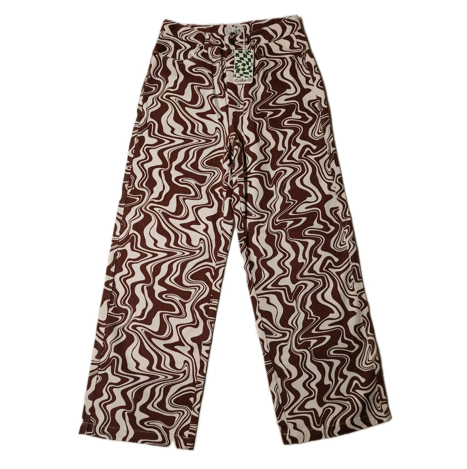 Ghanda Women's Brown & White Marble Swirl Jeans: Wide Leg, High Rise: Size 10