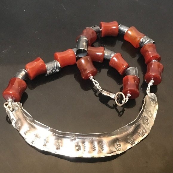 Barrel Carnelian Chunky Necklace Sterling Silver Tribal Rustic Primitive 925