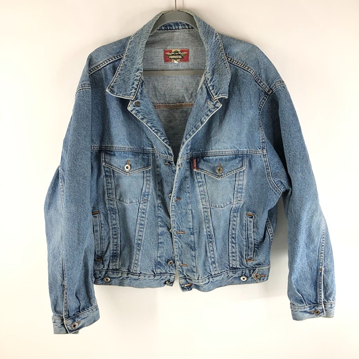 Forrestal Mens Vintage Denim Jacket Retro Trucker Cotton Medium Wash Blue L
