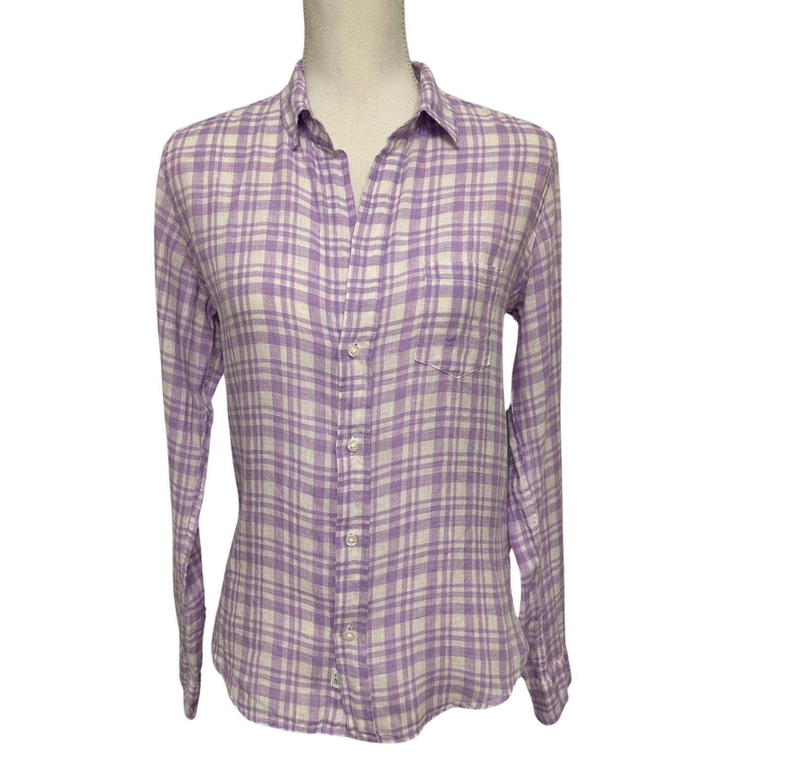 Frank & Eileen Bary Linen Plaid Button Up Shirt Small Purple White Classic EUC