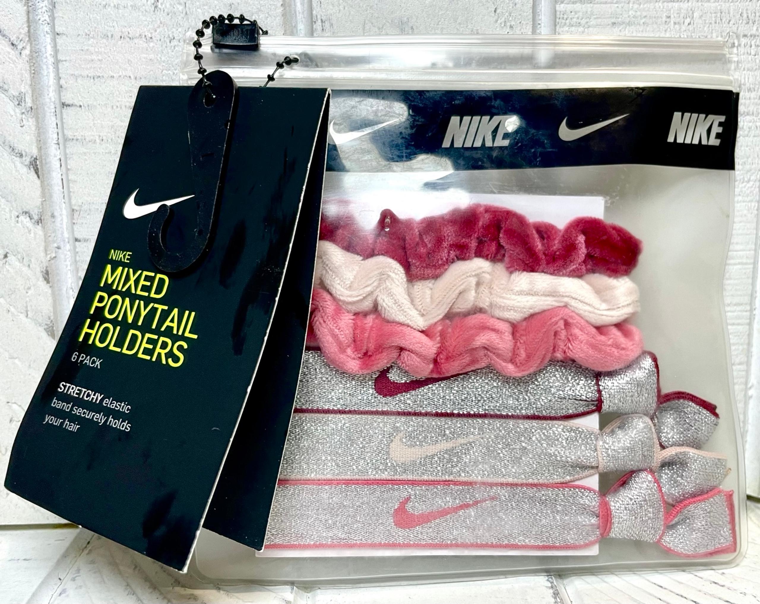 NIKE Mixed Ponytail Holders 6 Pack Stretchy Elastic Bands Silver & Pink NWT