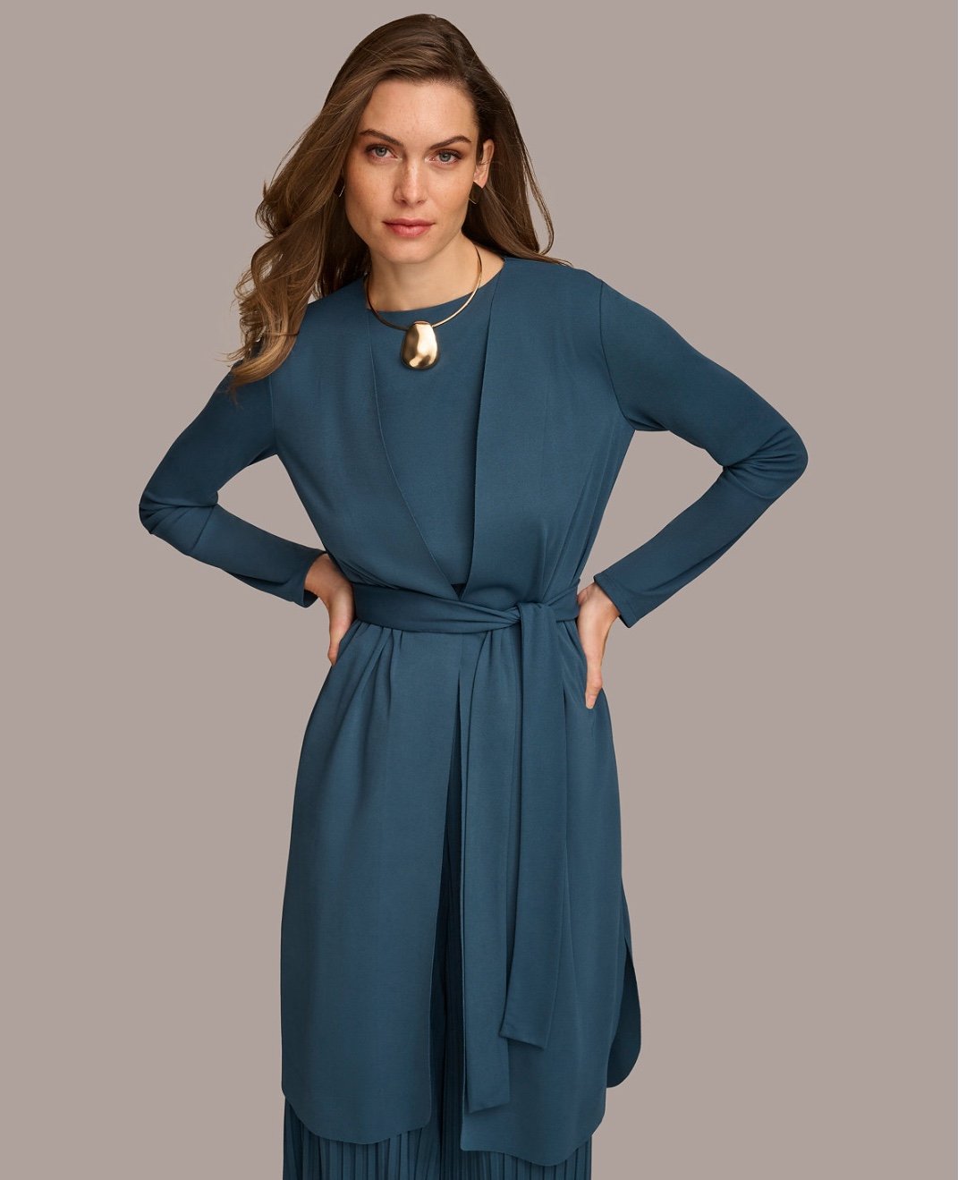 139 Donna Karan New York Women’s Tie Waist Long Cardigan Size M Color Tide