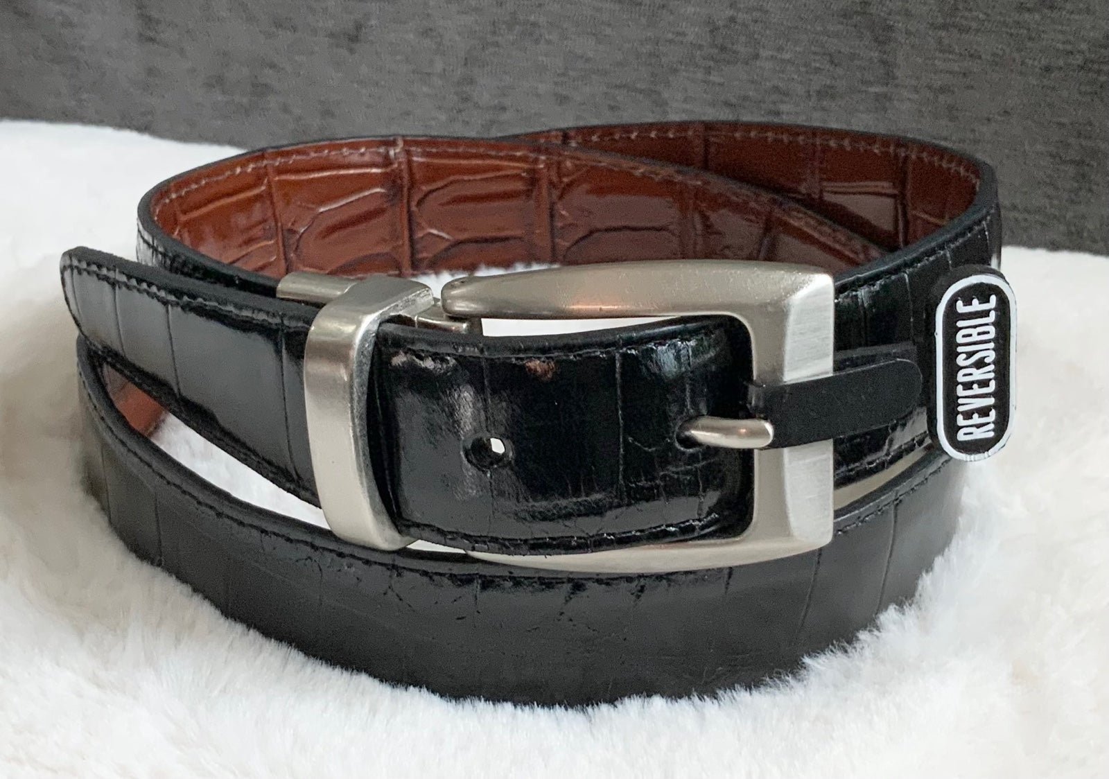 Bill Lavin Men’s Reversible Croc Leather Dress Belt Black/Brown ~New~