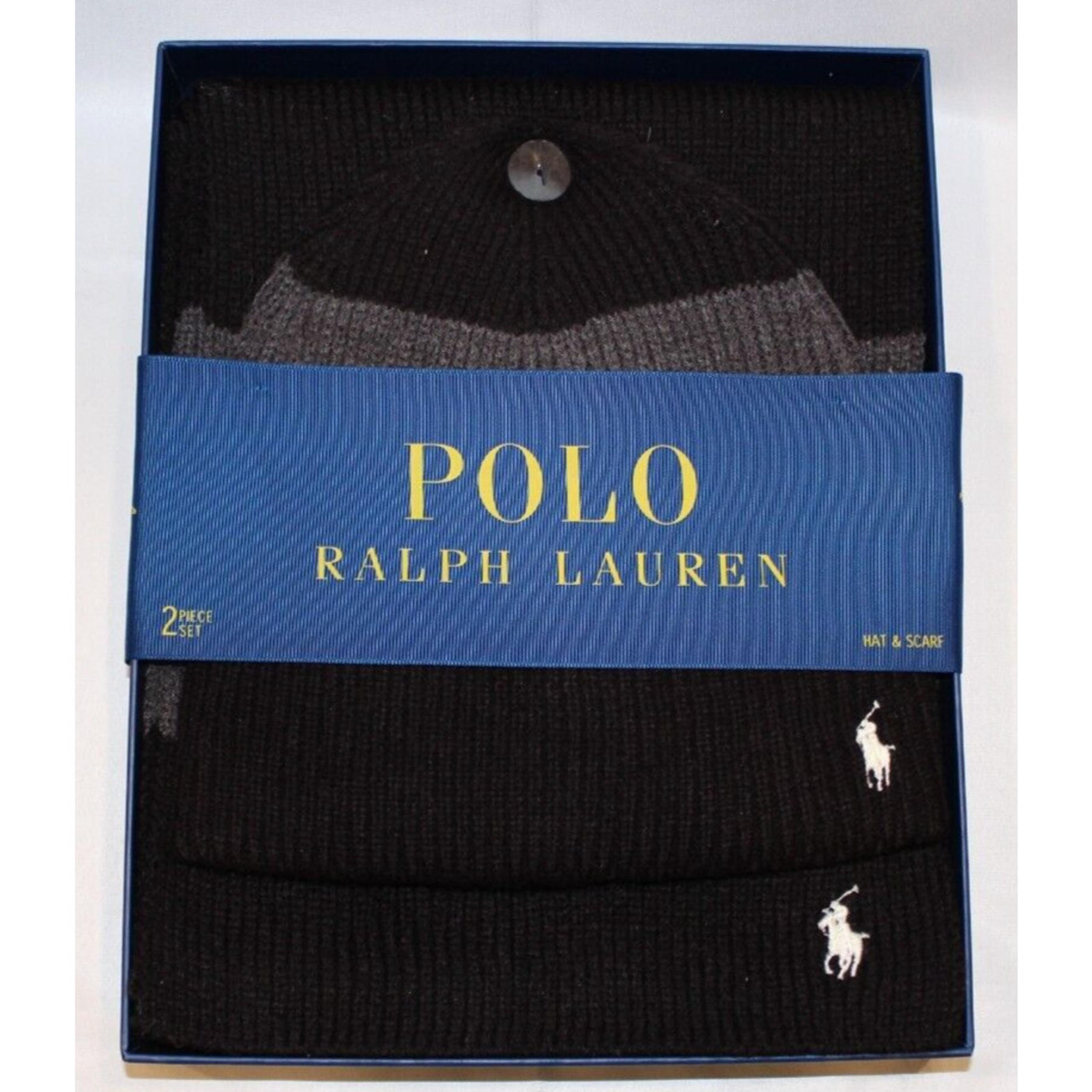 Polo Ralph Lauren Men's BLACK GRAY Beanie Hat & Scarf Gift Set Pony Logo NEW
