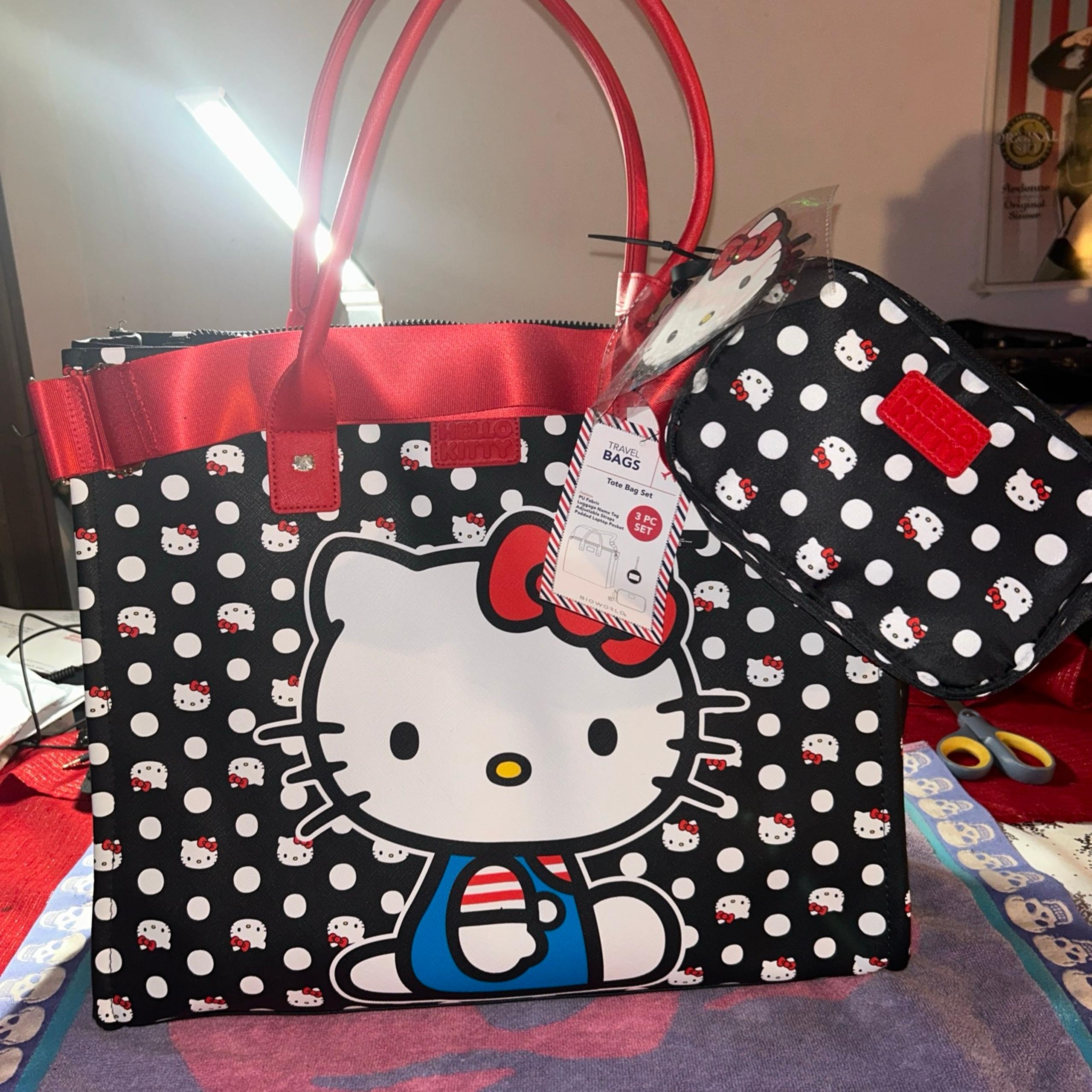 Hello Kitty three piece travel set , tote , crossbody luggage tag. Sanrio