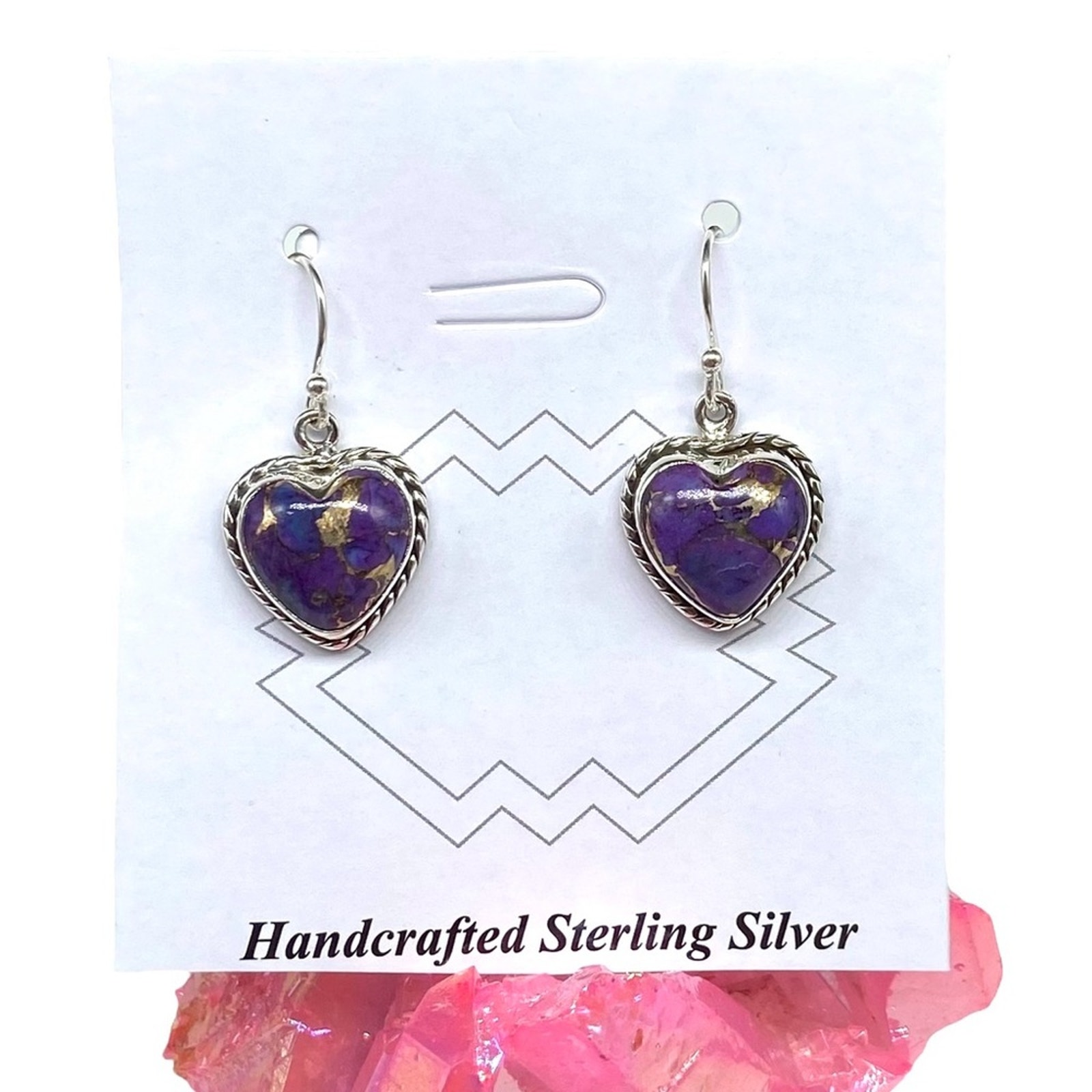 Purple Copper Turquoise Earrings Solid Sterling Silver 925 Dangle Drop Hearts