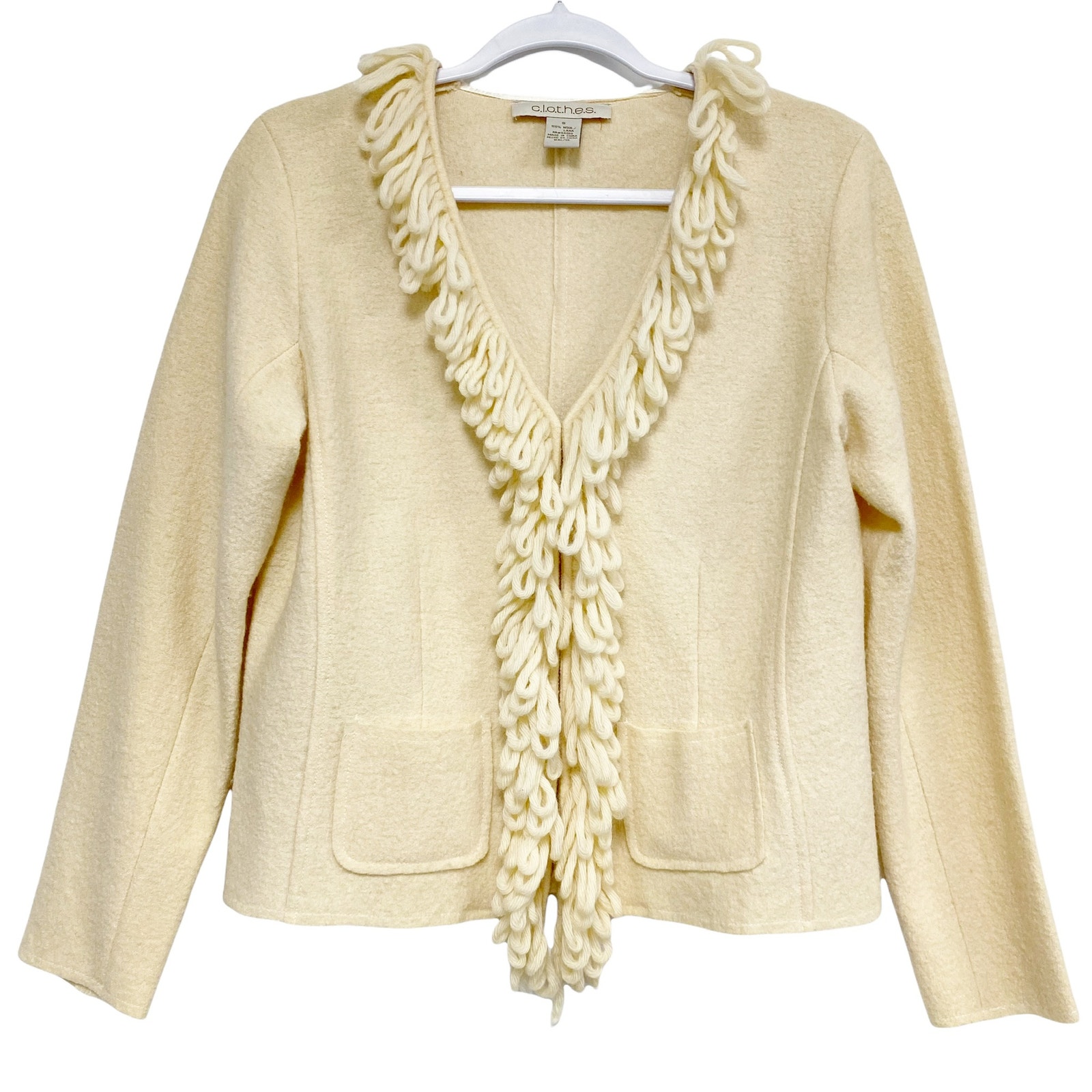 Vintage C.l.o.t.h.e.s Womens Size S Fringe Detail V Neck Wool Cardigan Sweater