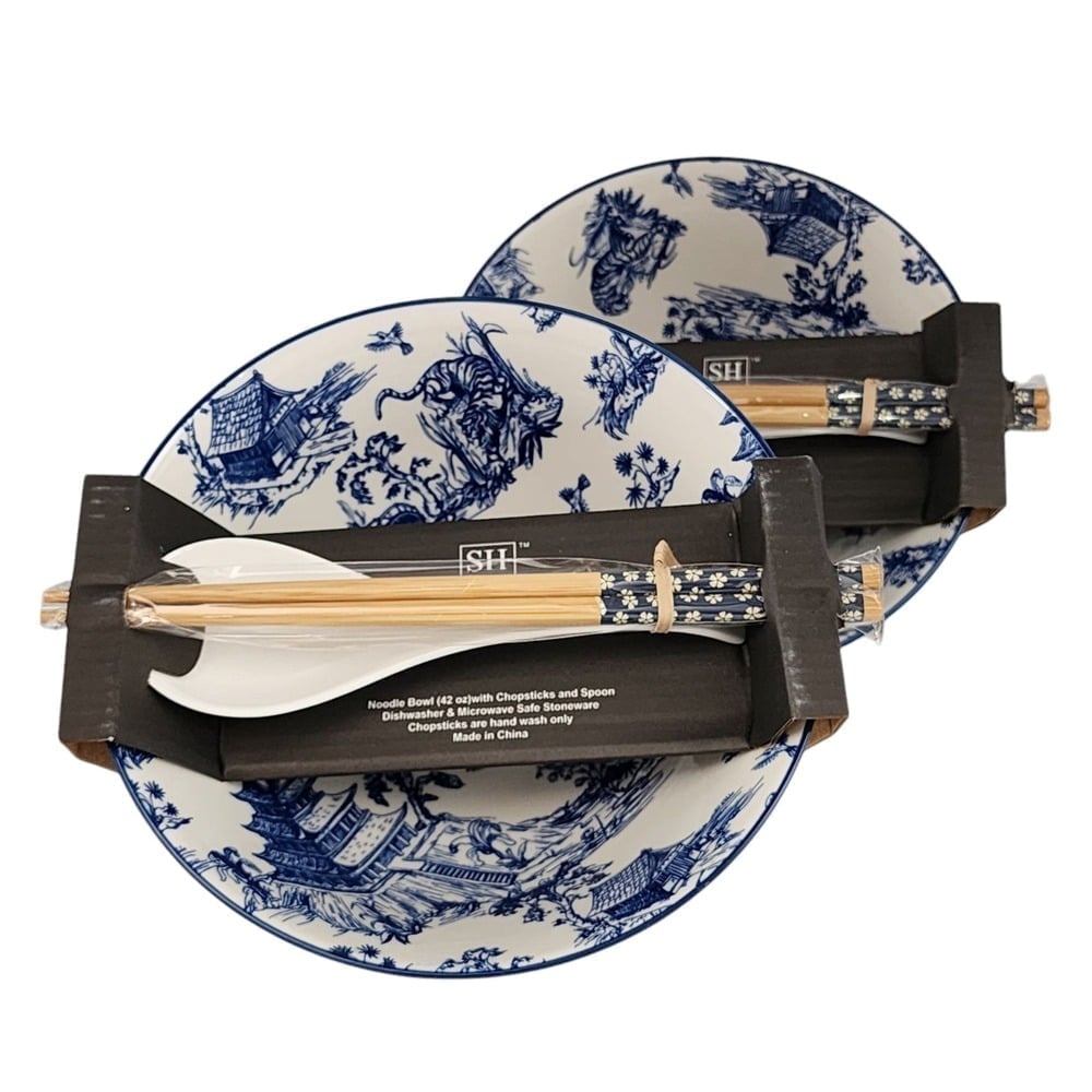 SH Home Set of 2 Tiger Blue Ceramic Ramen Noodle Bowls With Chopstick And Spoons