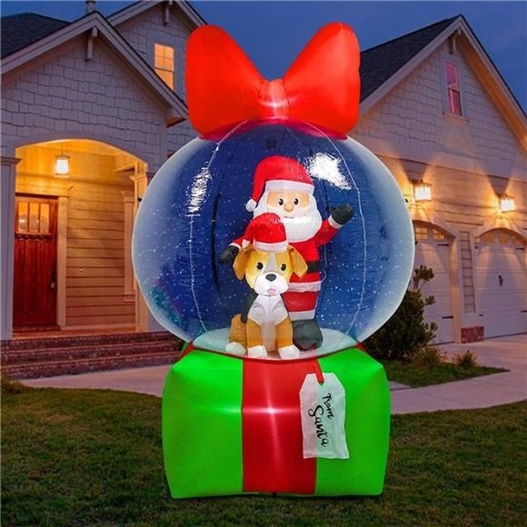 8Ft Christmas Inflatables Christmas Santa and Puppy Snow Globe Blow Up Gifts