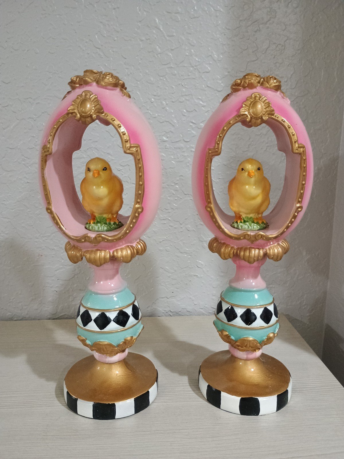 2) Easter Egg Chick Pedestal Black Checkered NEW