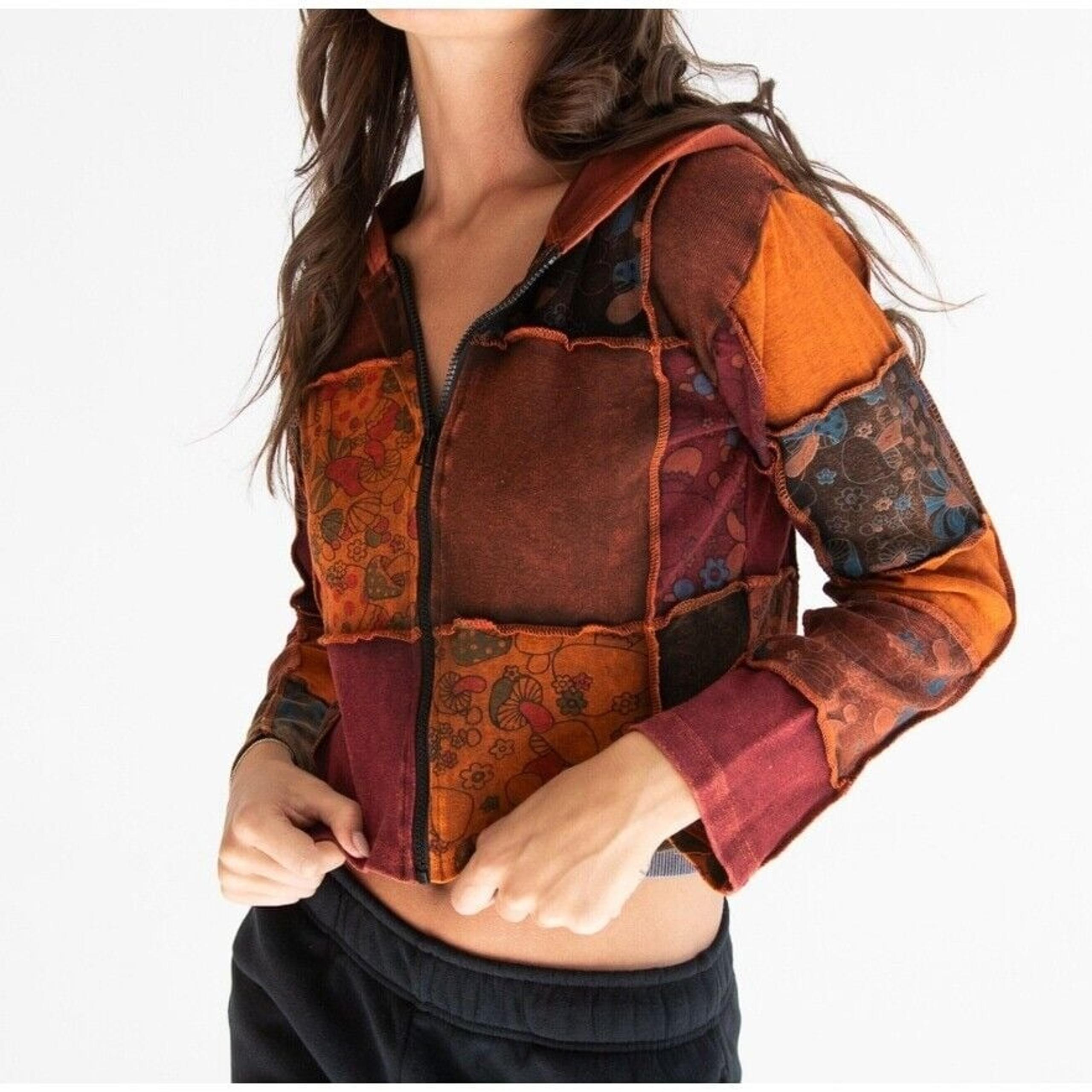 Unbranded Women's Small Medium Crop Hoodie Patchwork Orange Maroon Full Zip NWOT