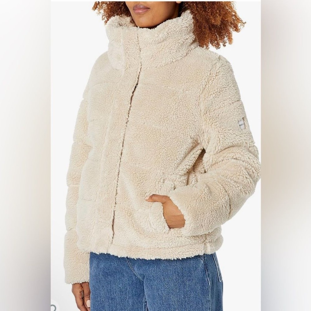 Calvin Klein Faux Fur Sherpa Jacket Coat Cozy Full Zip Beige Size Large