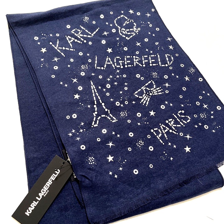 New Karl Lagerfeld Paris Embellished Scarf Studded Eiffel Tower Cat Navy Blue