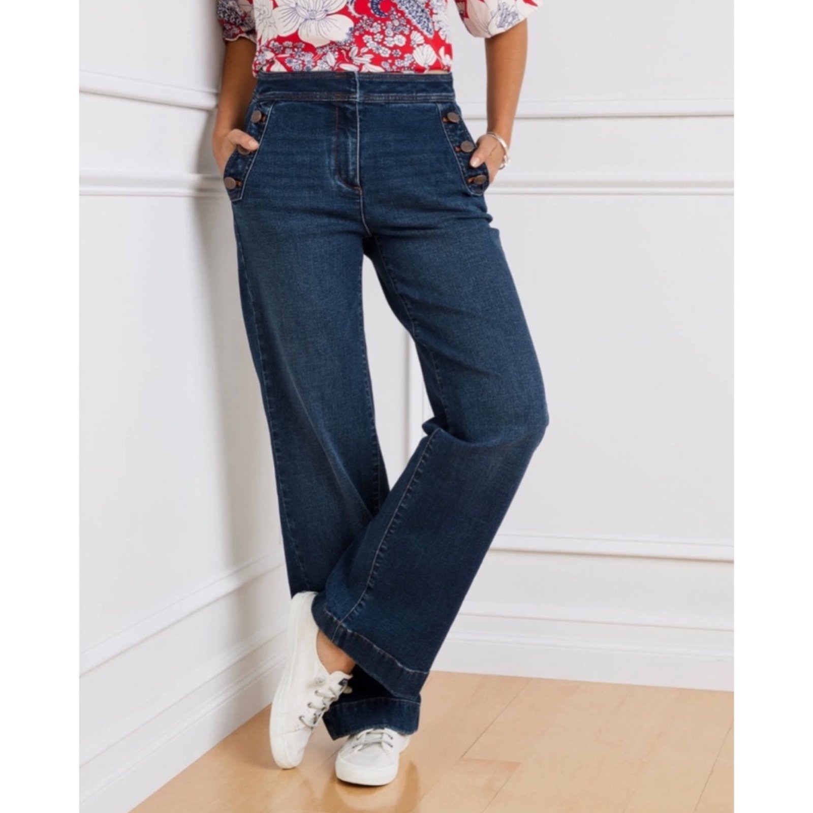 Talbots Womens Size 12 Wide Leg Jeans Medium Wash Sailor Buttons Full Length