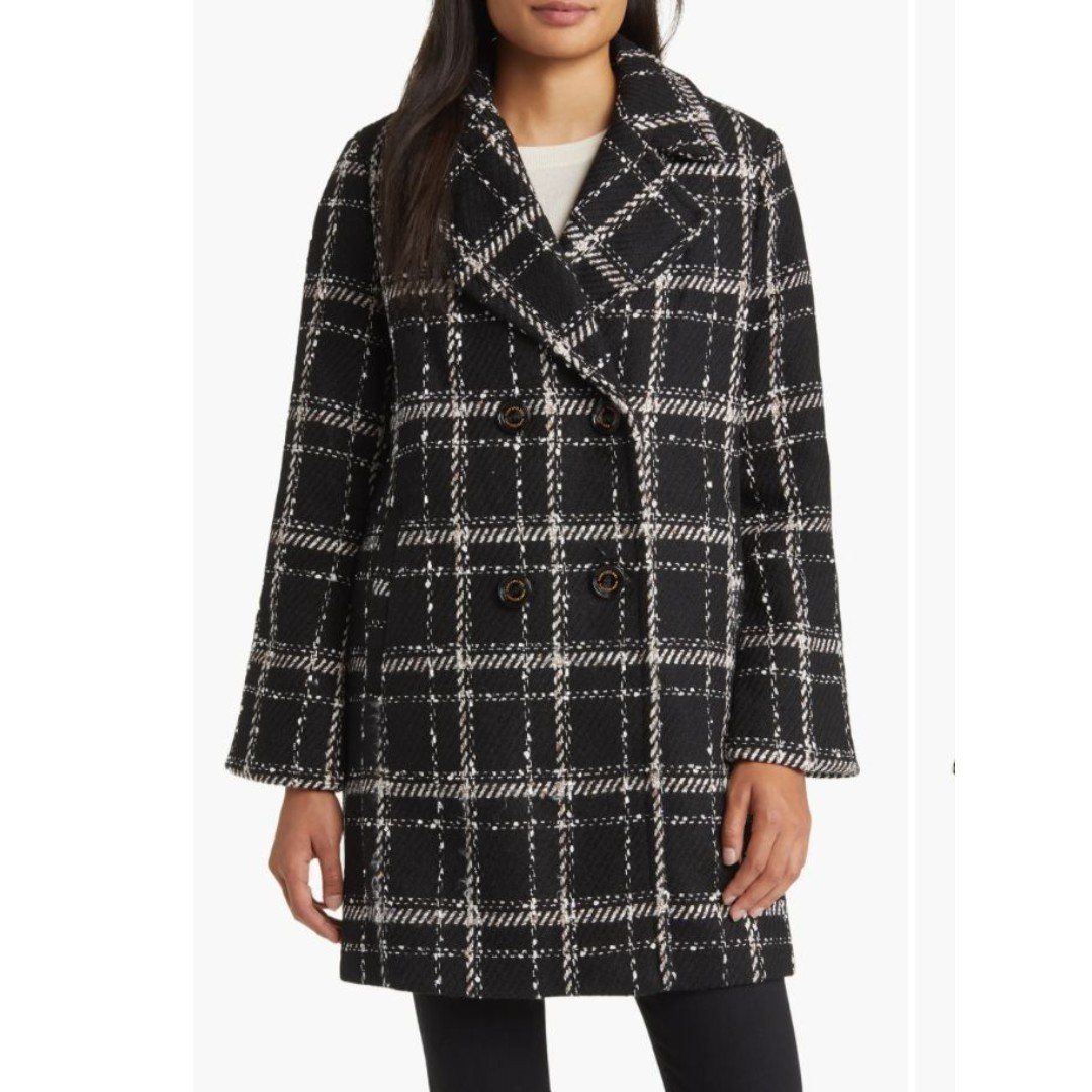 Sam Edelman Double Breasted Coat Womens XL Black White Plaid Notch Collar NEW