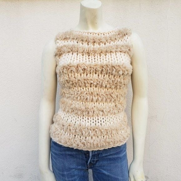 Cividini Women's Sleeveless Orylag Knit Fur Top Round Neck Cream Size XS