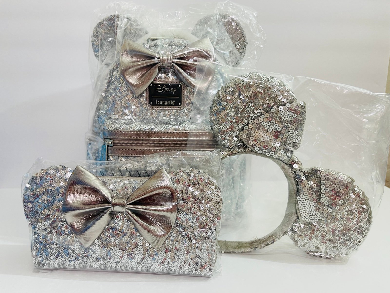Disney silver sequins loungefly mini backpack, wallet, ears